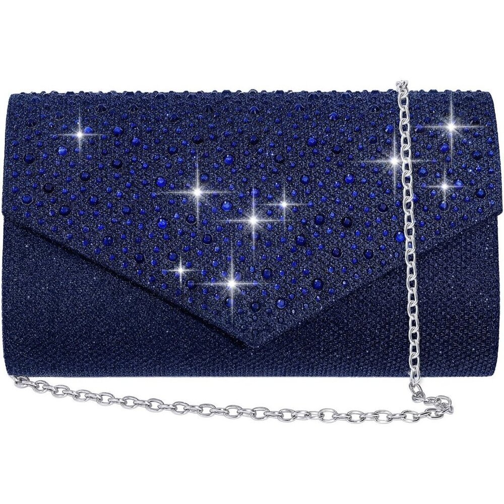 Women Navy Blue Imported Magnetic Purse Rhinestone Envelope Party Handbag